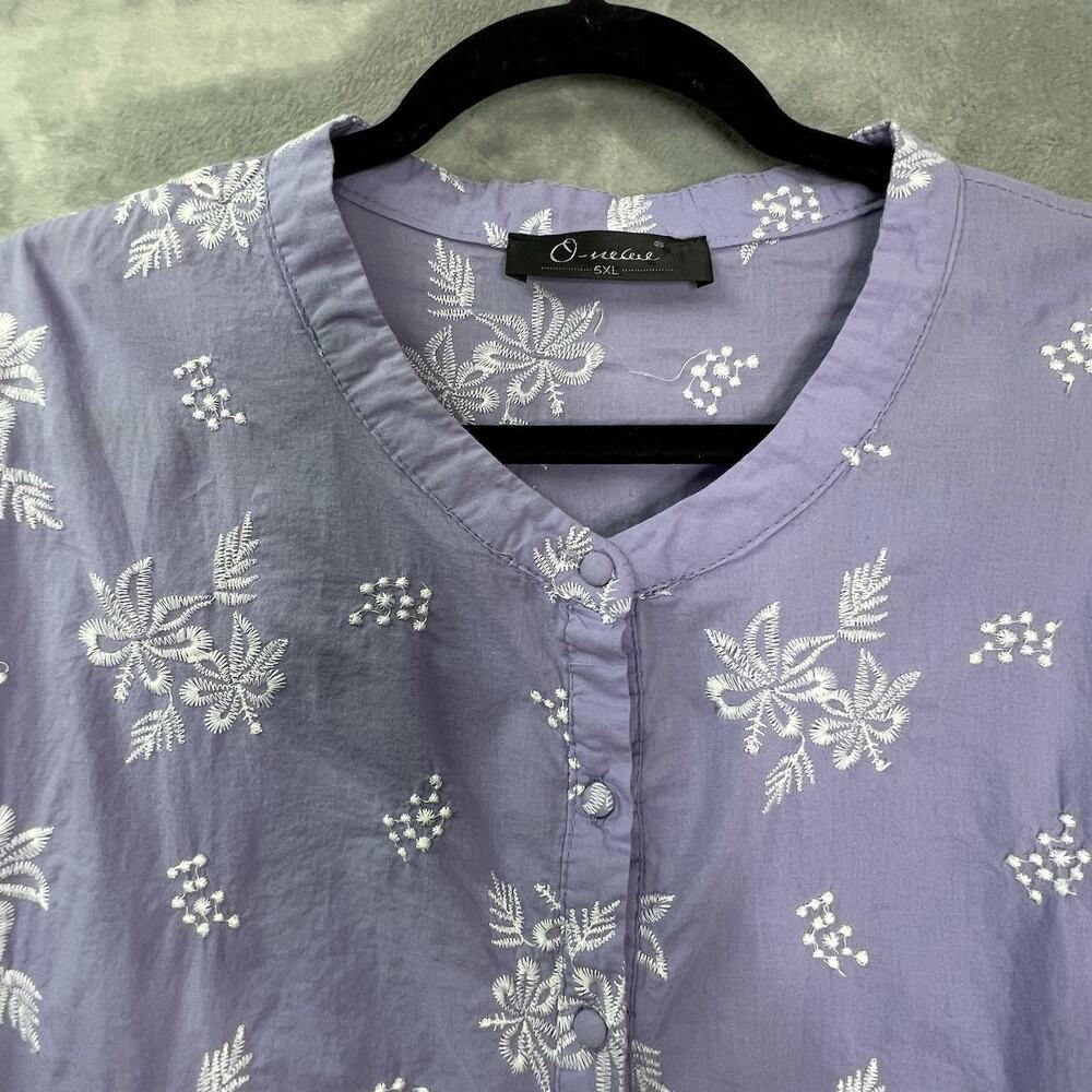 O-necue‎ Popover Blouse Embroidered Womens 5XL Purple Floral Long Sleeve Cotton - Picture 8 of 16